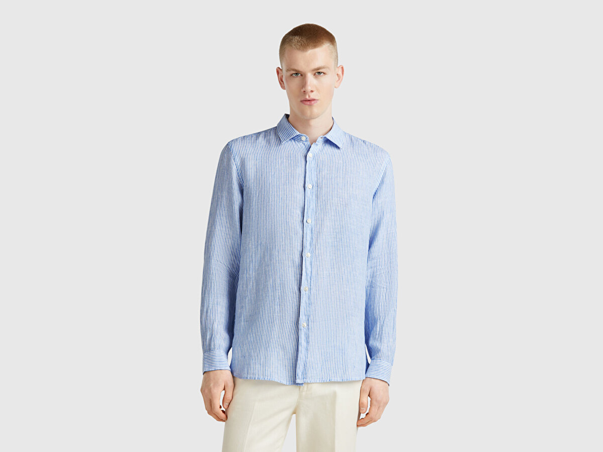 Erkek Mavi Çizgili %100 Keten Gömlek