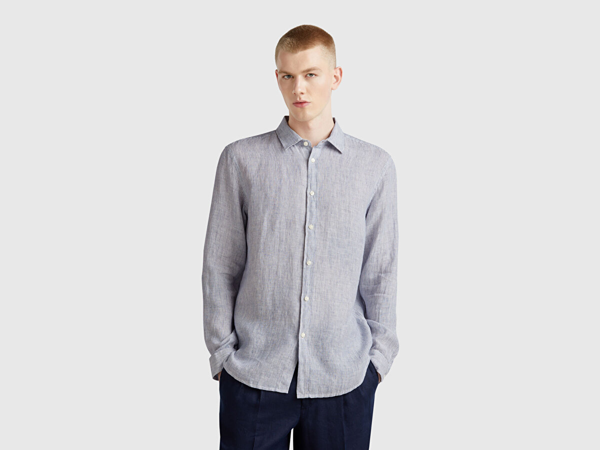 Erkek Açık Mavi Çizgili %100 Keten Gömlek