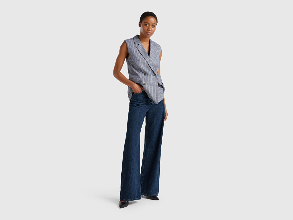 Kadın Lacivert %100 Pamuk Etiket Detaylı Geniş Paça Denim Pantolon