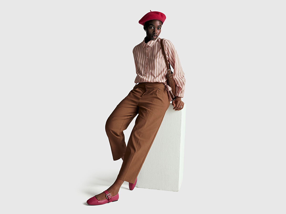 Kadın Viskoz Karışımlı Çizgili Altı Lastikli Relaxed Fit Gömlek