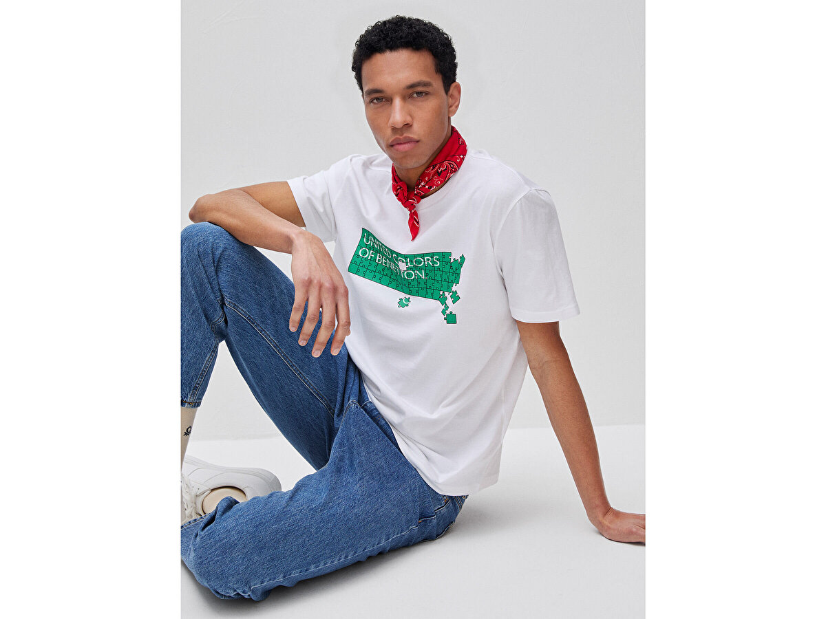 Erkek Beyaz Mix  %100 Pamuk Logo Baskılı Regular Fit Bisiklet Yaka T-Shirt