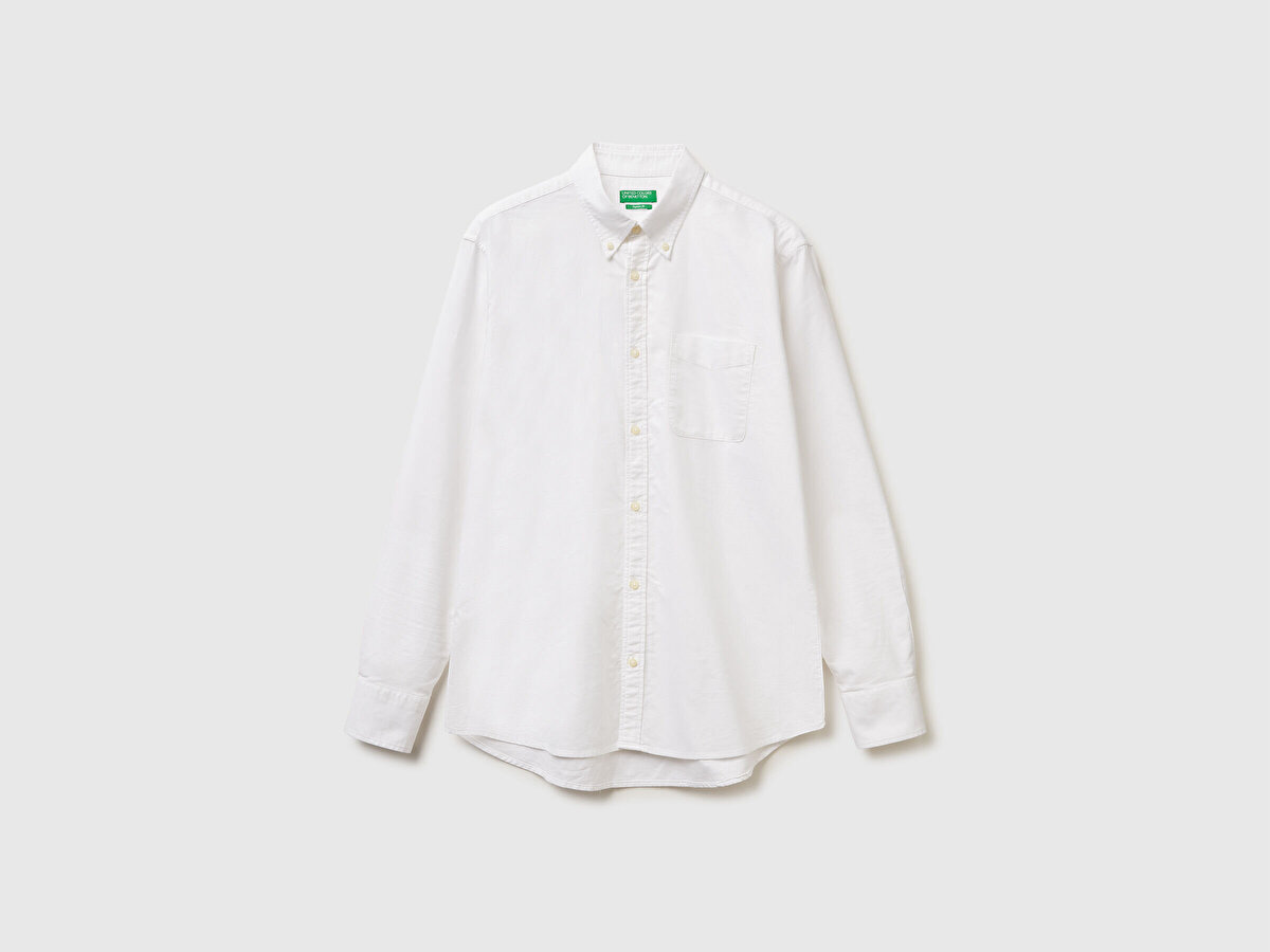 Erkek Beyaz %100 Pamuk Göğsü Cep Detaylı Uzun Kollu Düz Gömlek