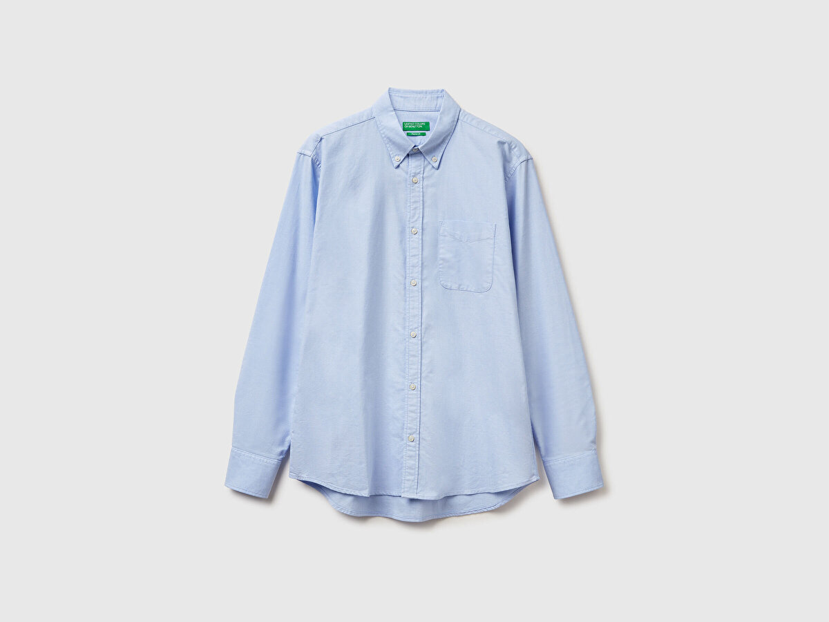 Erkek Açık Mavi %100 Pamuk Göğsü Cep Detaylı Uzun Kollu Düz Gömlek