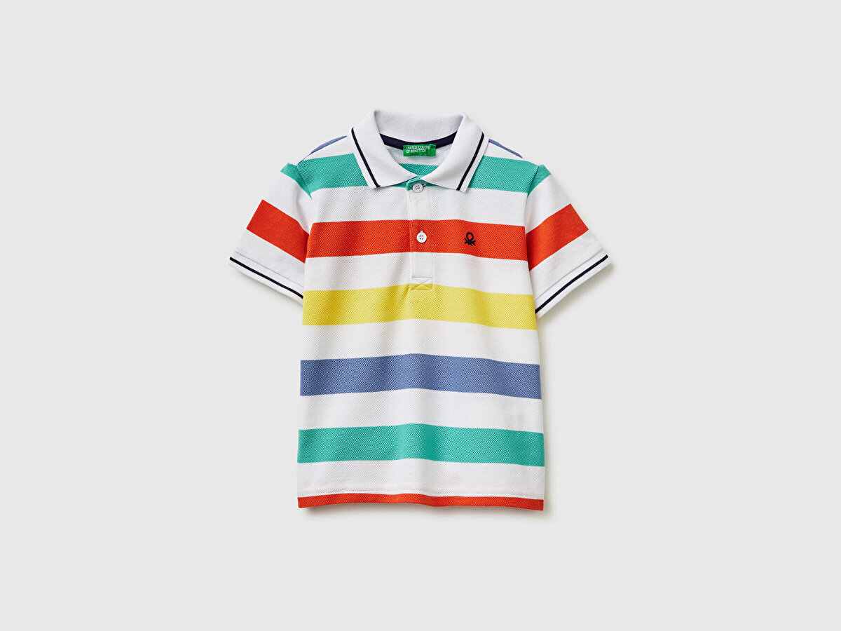 Erkek Bebek Açık Mix Çizgili Logo Nakışlı Polo Yaka Küçük Çocuk T-Shirt