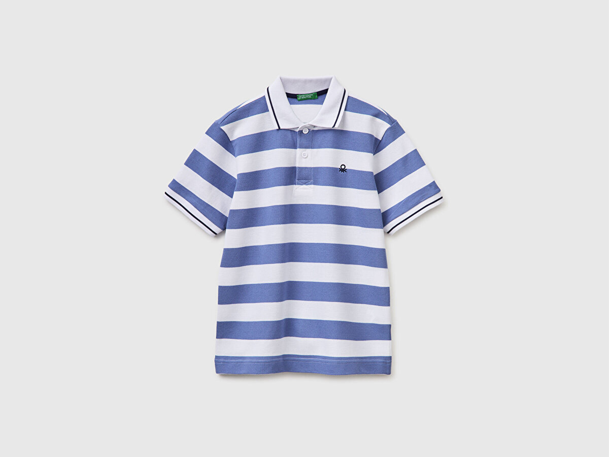 Erkek Çocuk Mavi Mix Çizgili Logo Nakışlı Polo Yaka Çocuk T-Shirt