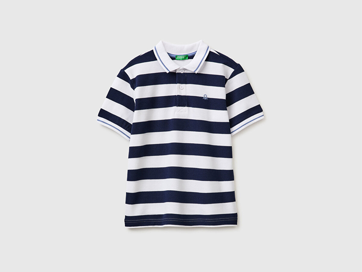 Erkek Çocuk Koyu Mavi Mix Çizgili Logo Nakışlı Polo Yaka Çocuk T-Shirt