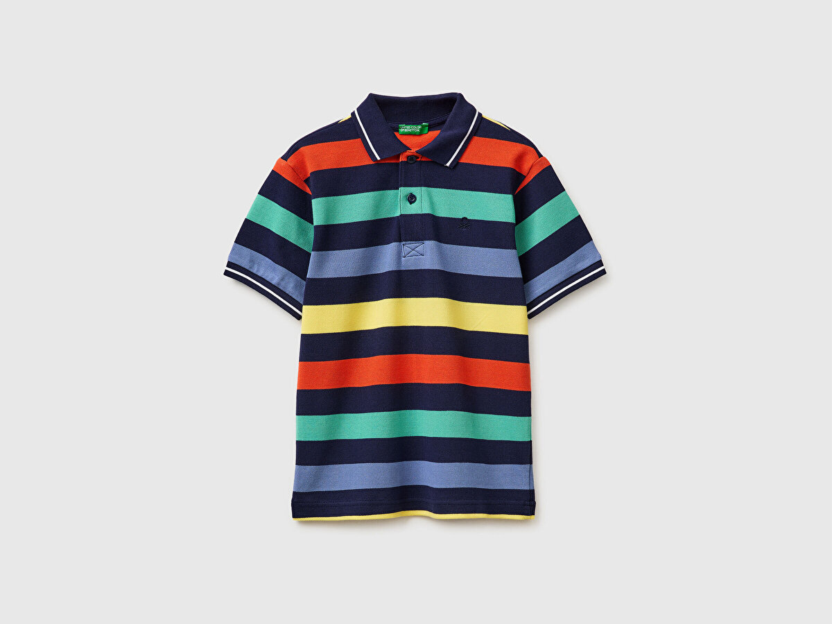 Erkek Çocuk Koyu Mix Çizgili Logo Nakışlı Polo Yaka Çocuk T-Shirt