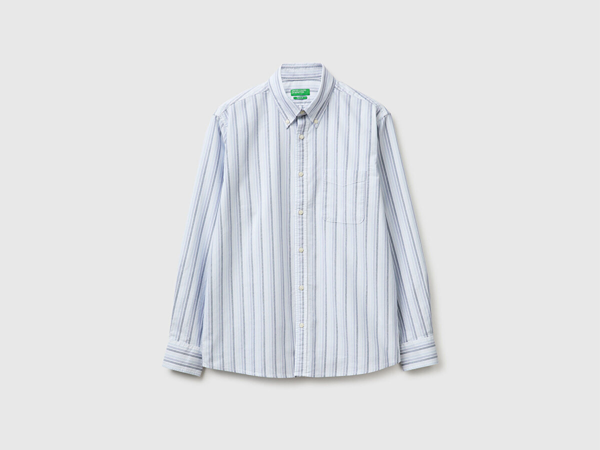 Erkek Su Yeşili %100 Pamuk Göğsü Cep Detaylı Uzun Kollu Düz Gömlek