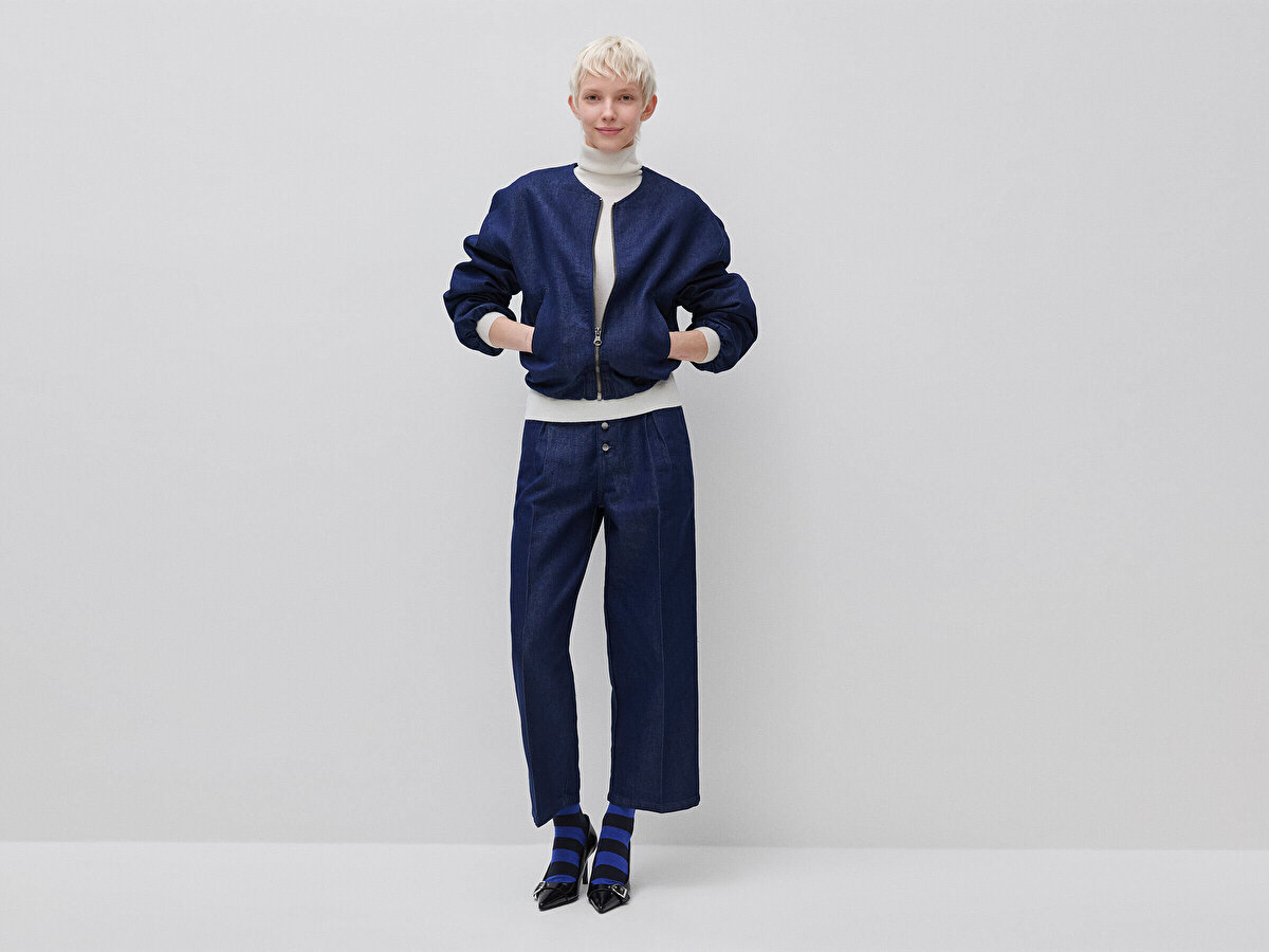 Kadın Lacivert Pamuk Karışımlı Büzgülü Oversize Denim Bomber Ceket