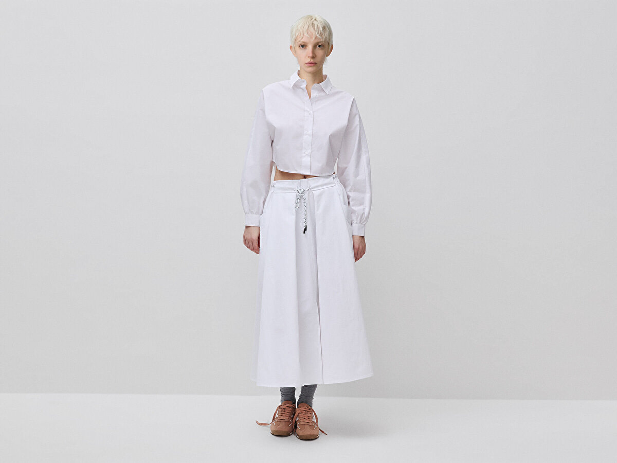 Kadın Beyaz %100 Pamuk Balon Kollu Kısa Poplin Gömlek