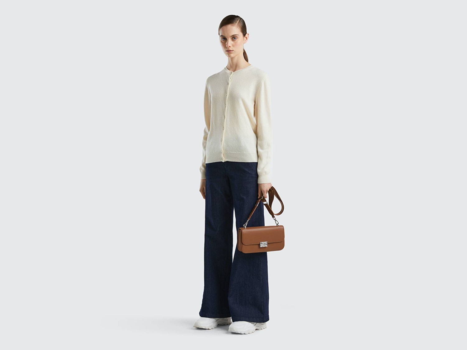 Benetton Kadın Krem %100 Merino Bisiklet Yaka  Hırka