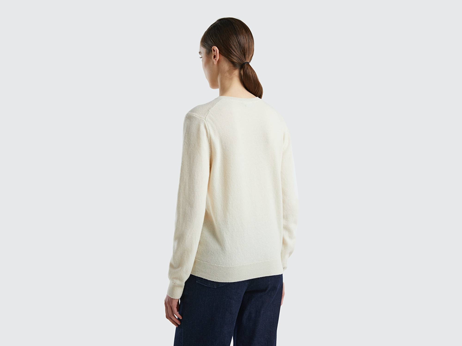 Benetton Kadın Krem %100 Merino Bisiklet Yaka  Hırka