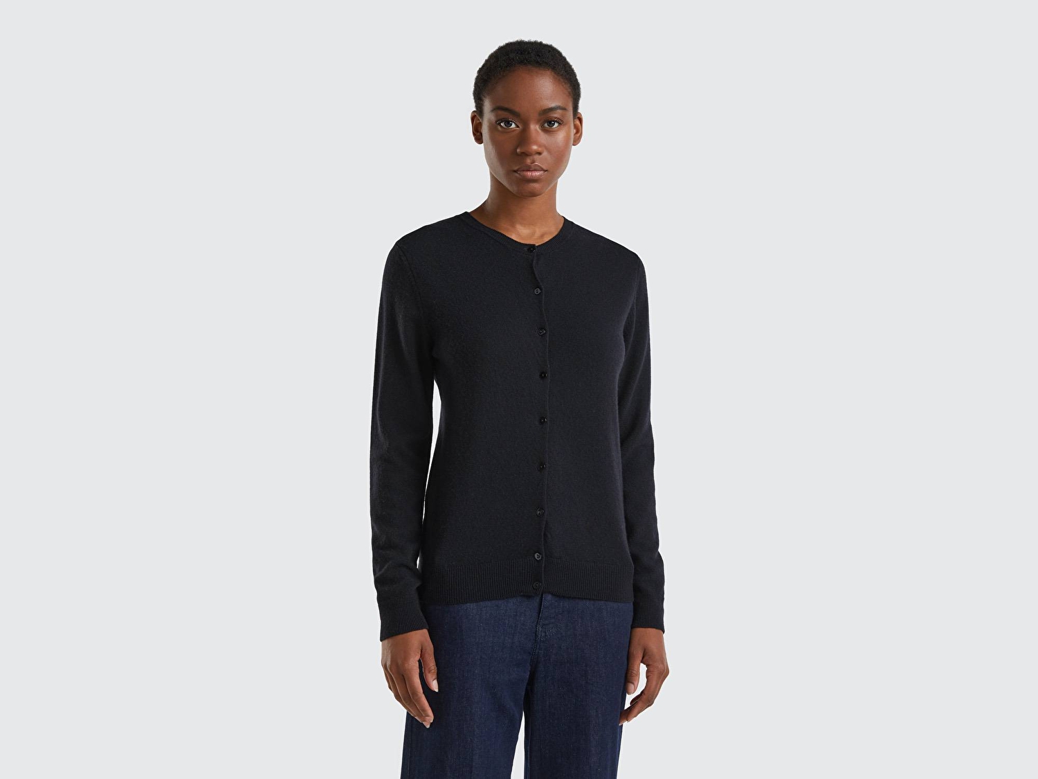 Benetton Kadın Siyah %100 Merino Bisiklet Yaka  Hırka