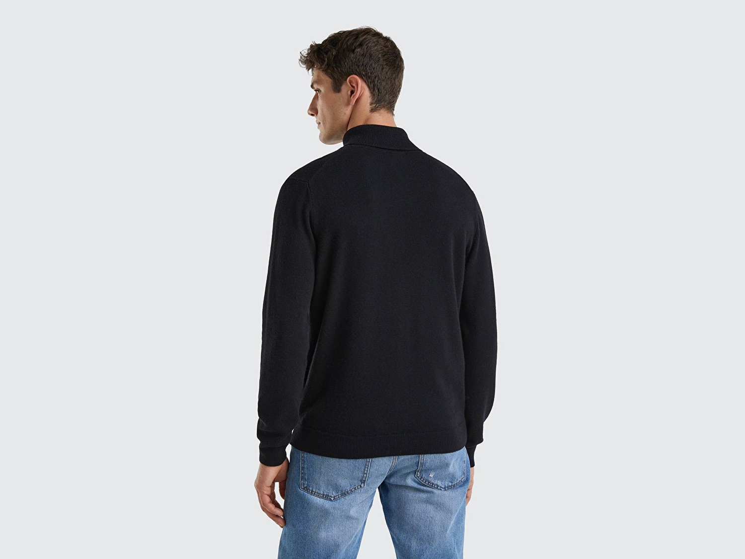 Benetton Erkek Siyah %100 Merino Boğazlı  Kazak