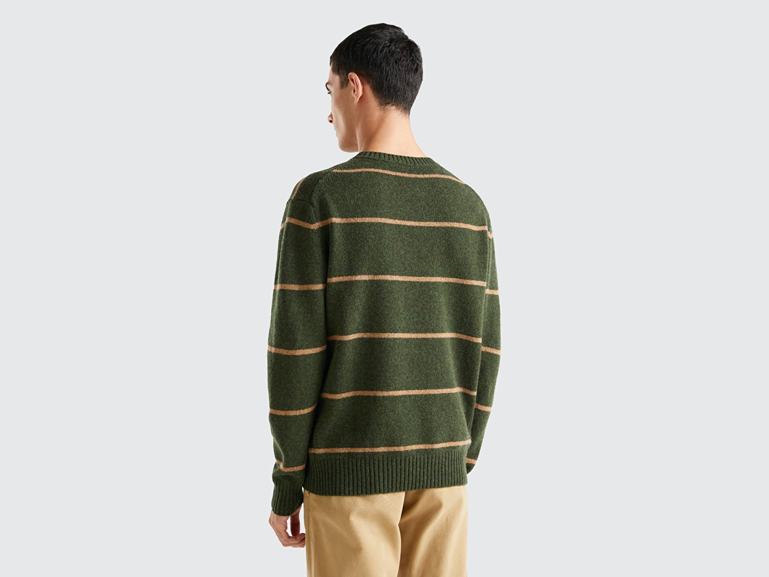 Benetton Erkek Koyu Yeşil %100 Shetland İnce Çizgili Kazak