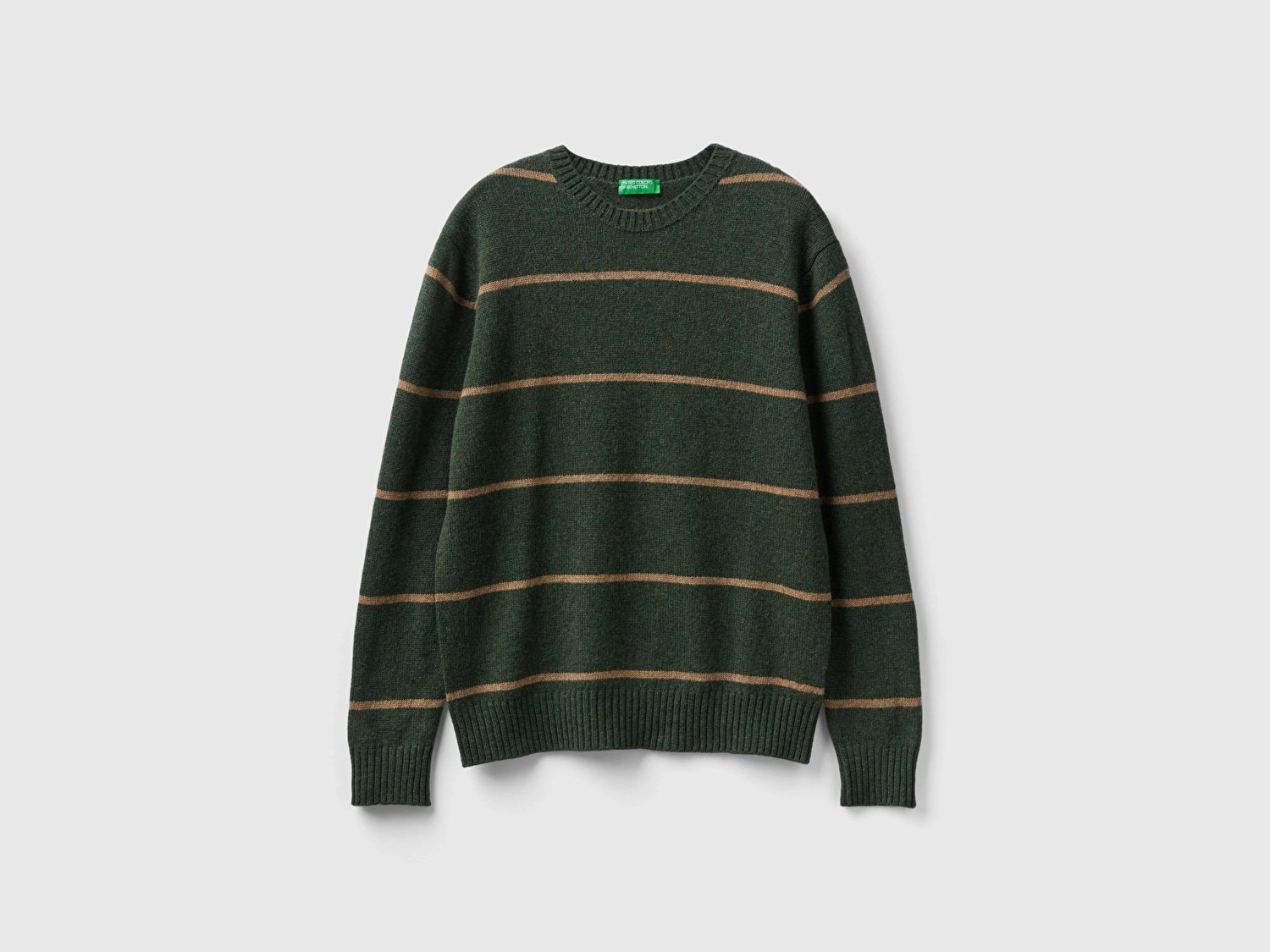 Benetton Erkek Koyu Yeşil %100 Shetland İnce Çizgili Kazak