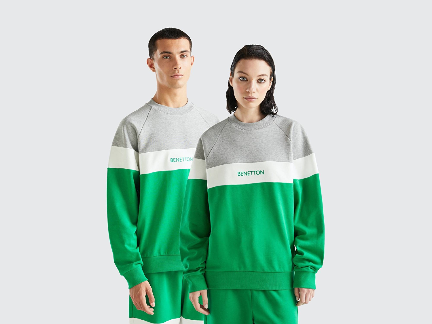 Benetton Unisex Yeşil %100 Koton Renk Bloklu Sweatshirt