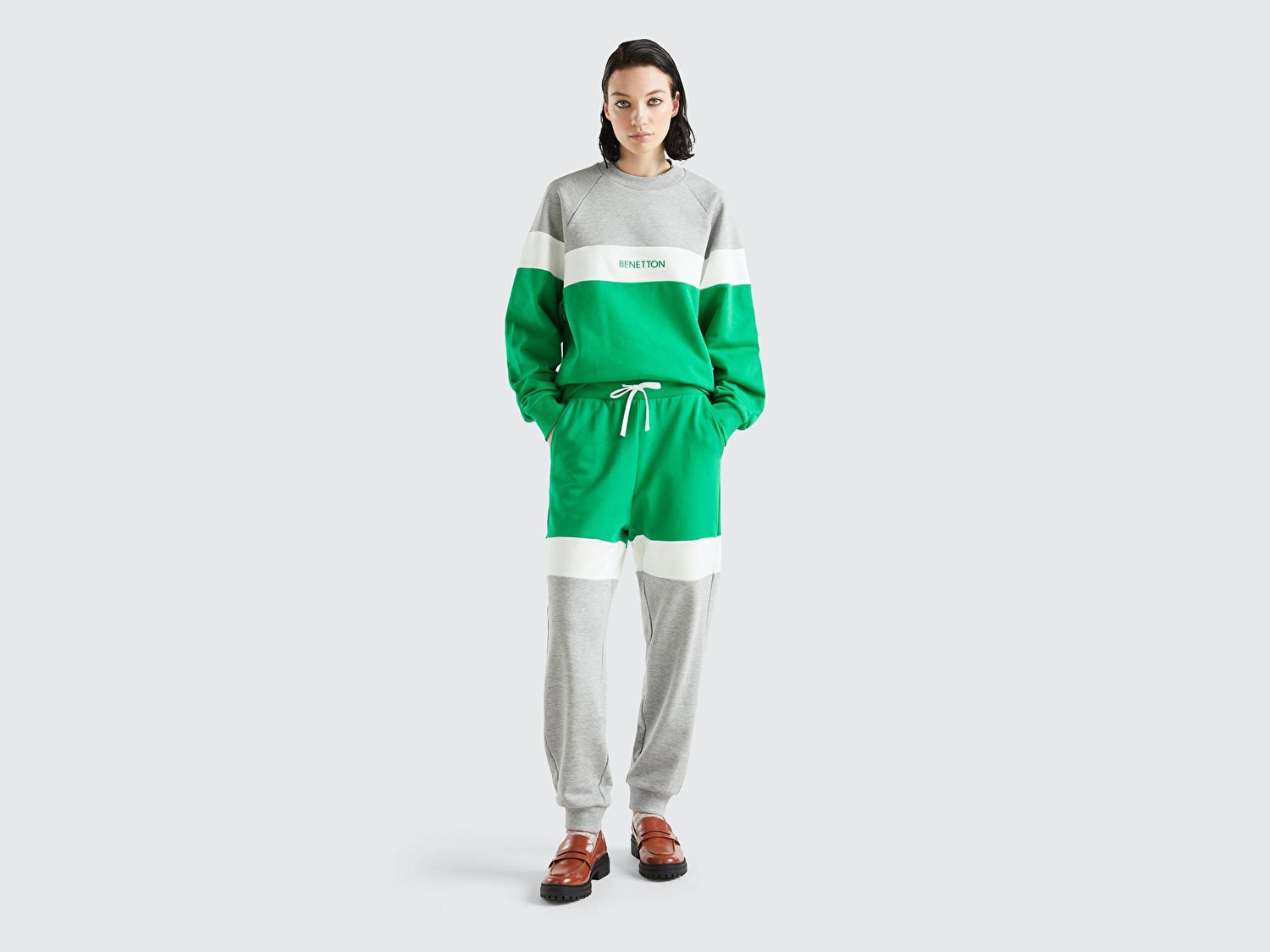 Benetton Unisex Yeşil %100 Koton Renk Bloklu Sweatshirt