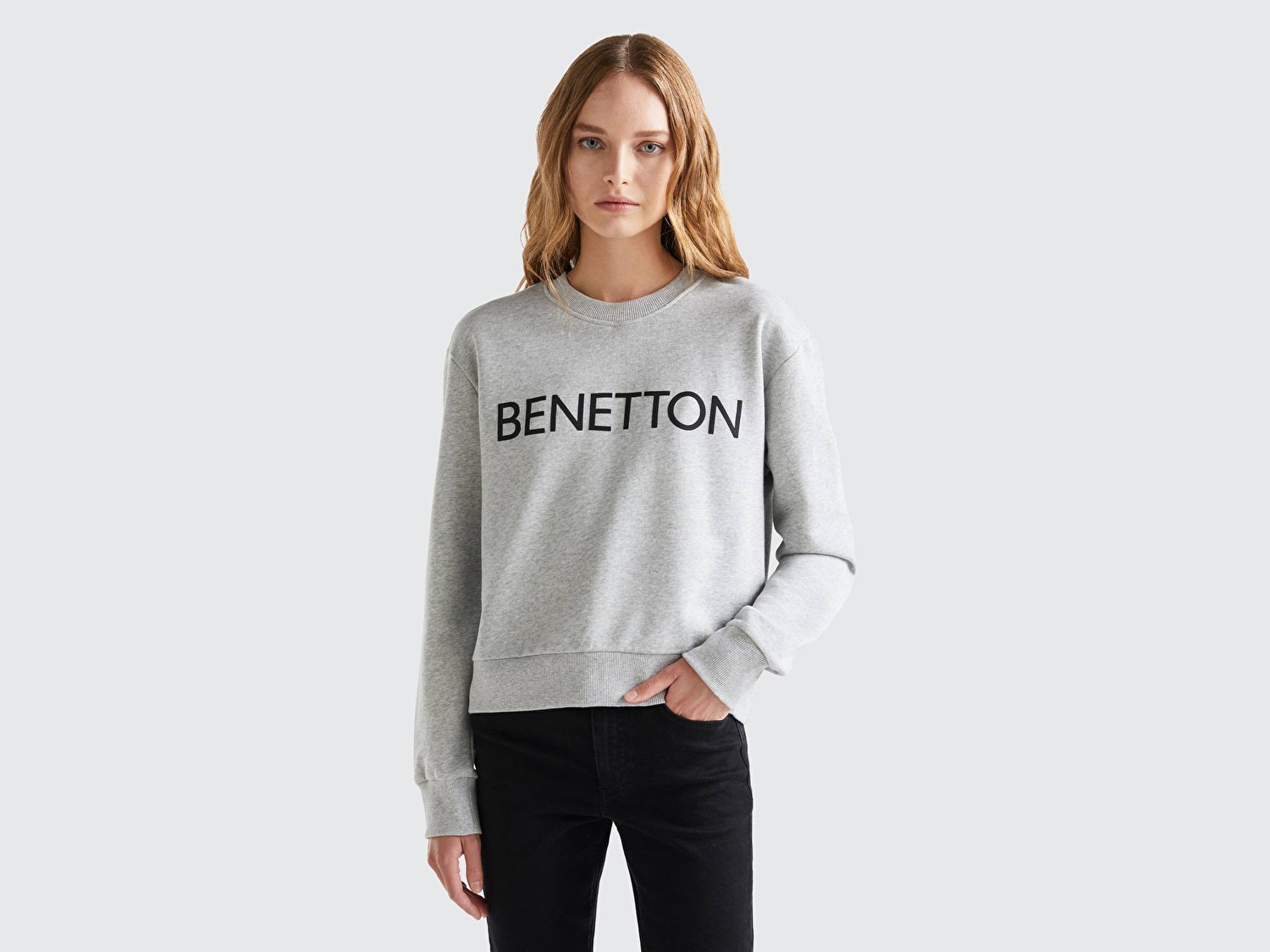 Benetton Kadın Gri Melanj %100 Koton Rahat Kalıp Benetton Yazılı Sweatshirt