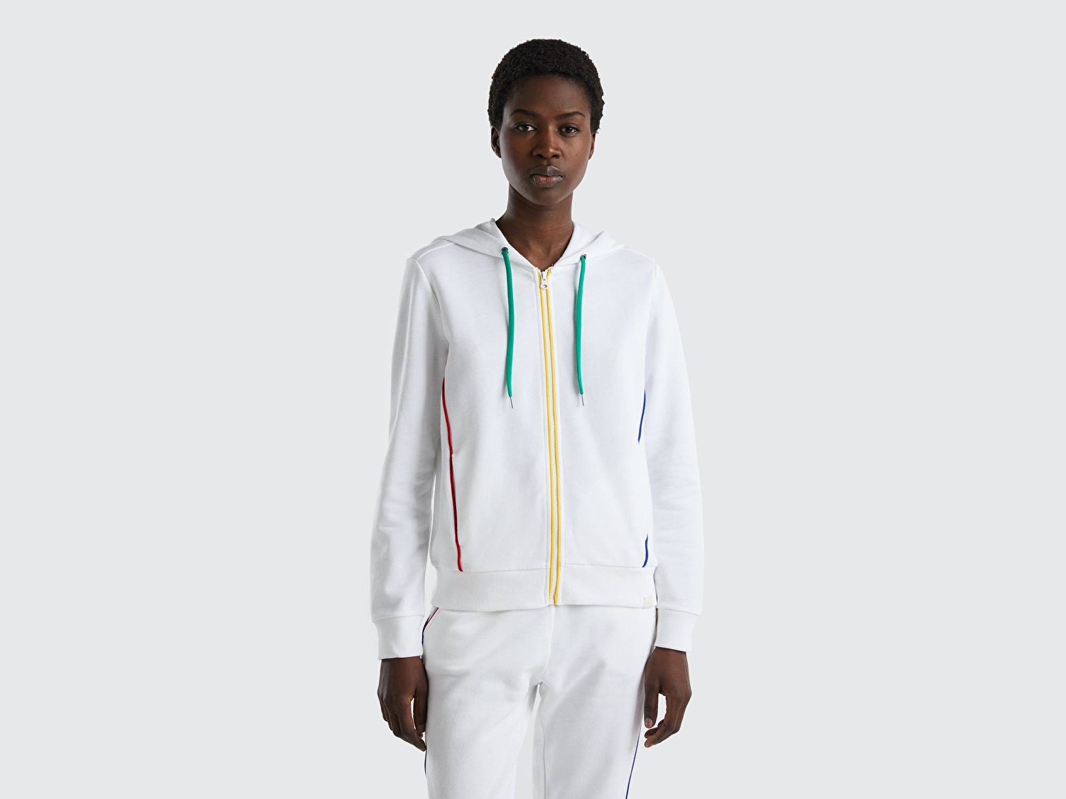Benetton Kadın Beyaz Mix Fermuarlı Kapüşonlu Sweatshirt
