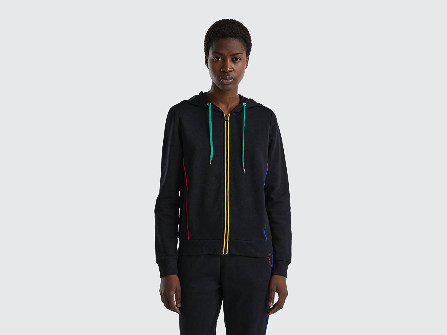 Benetton Kadın Siyah Mix Fermuarlı Kapüşonlu Sweatshirt