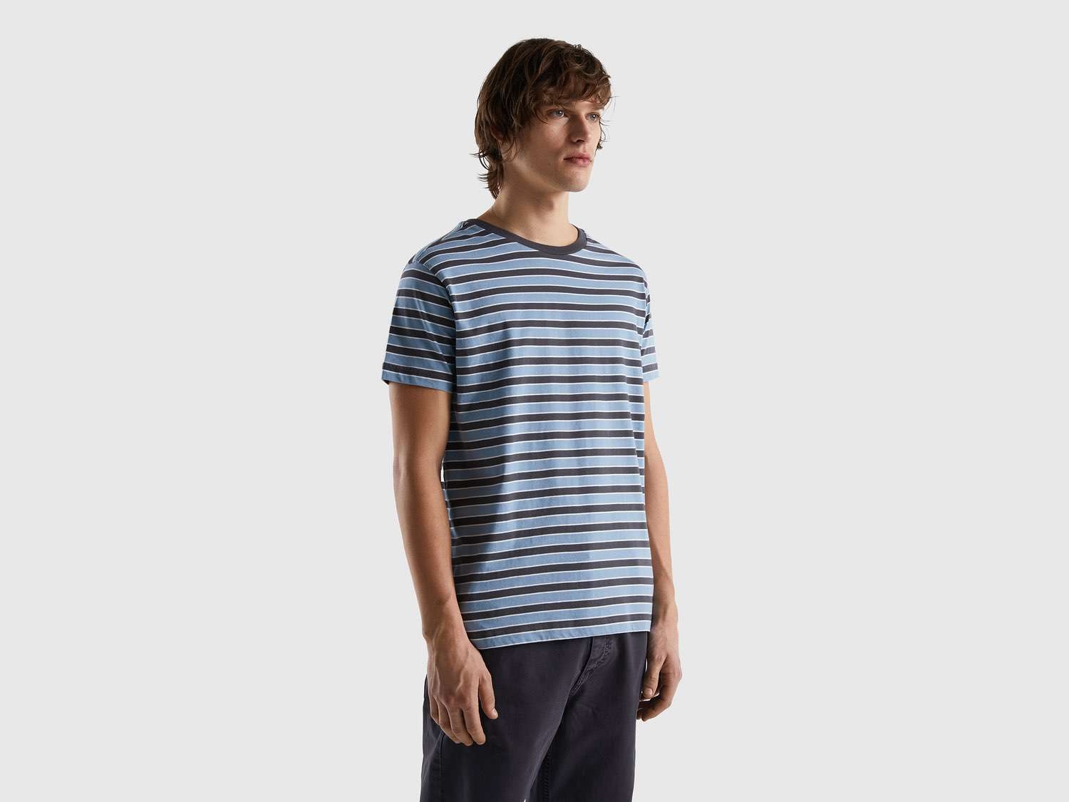 Benetton Erkek Havacı Mavi %100 Koton Çizgili T-Shirt