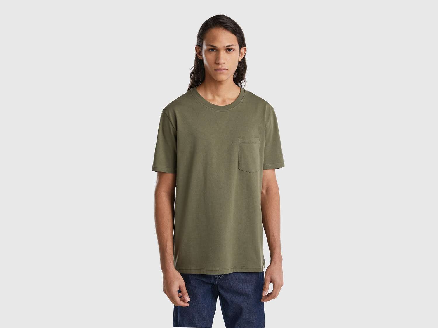 Benetton Erkek Haki %100 Koton Cepli T-Shirt