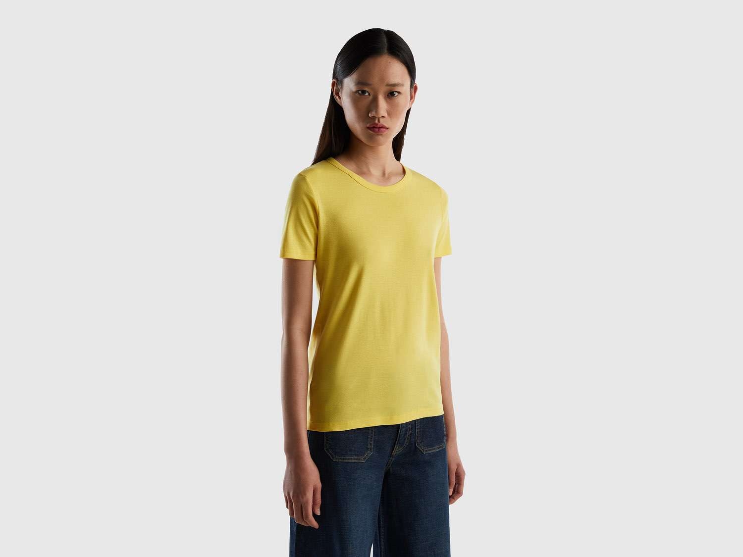 Benetton Kadın Sarı Basic Kısa Kollu Bisiklet Yaka Tshirt