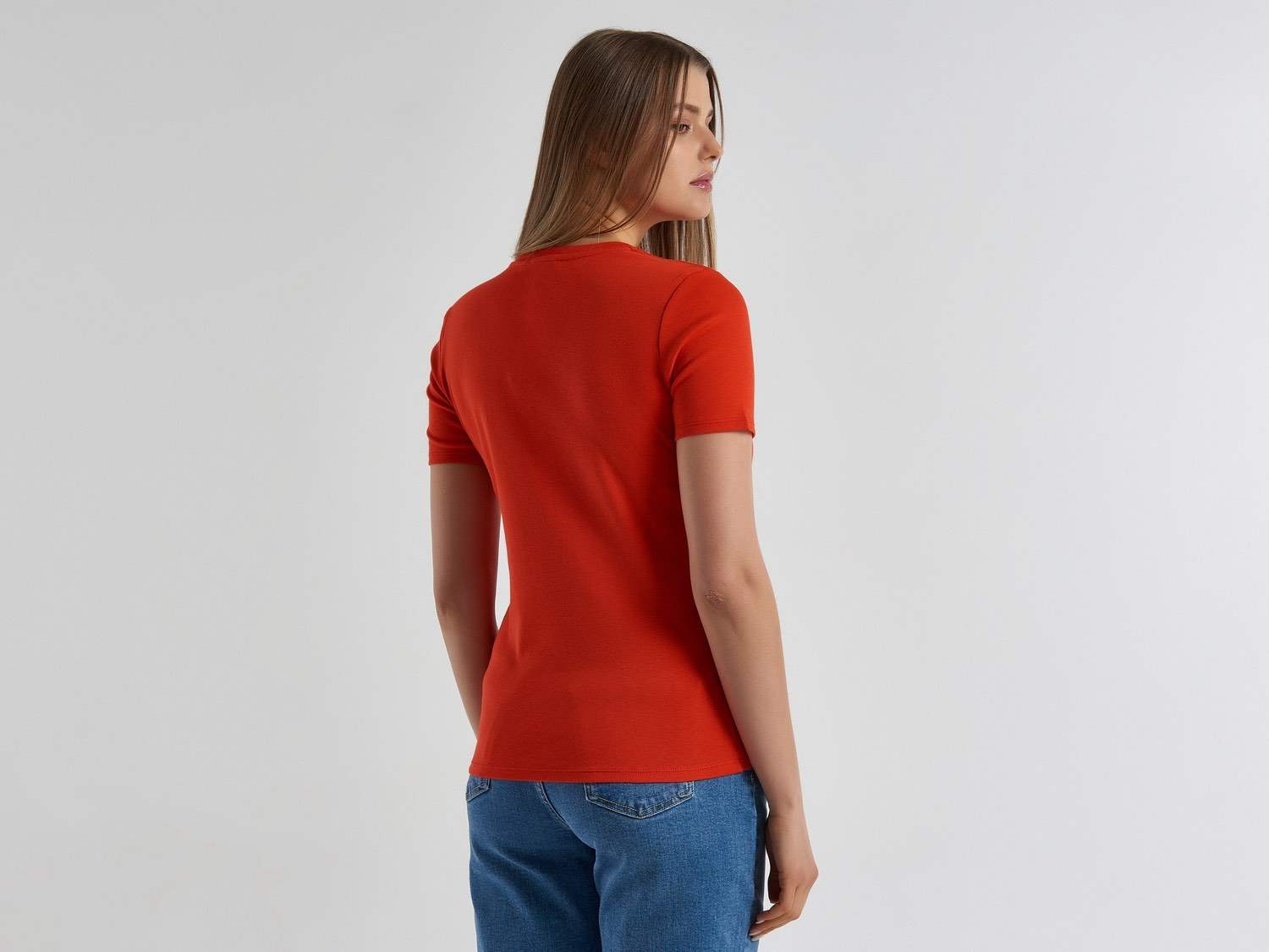 Benetton Kadın Kırmızı %100 Pamuk V Yaka Basic T-Shirt