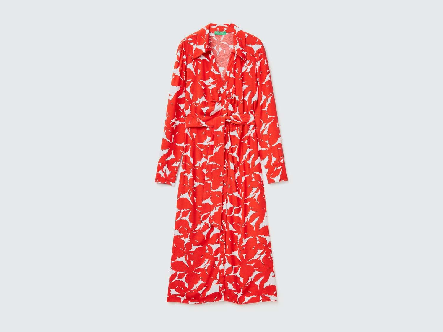 Benetton Kadın Kırmızı Mix %100 Viskoz Uzun Kollu Çiçek Desenli Elbise