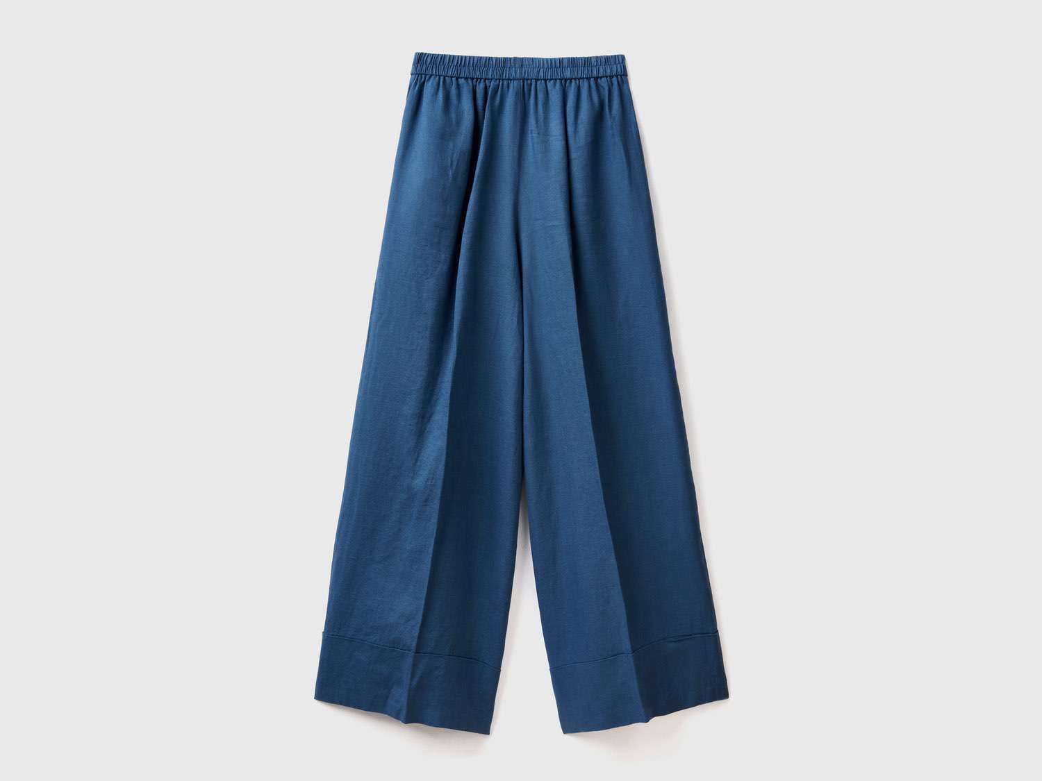 Benetton Kadın Gece Mavisi %100 Keten Beli Lastikli Geniş Kesim Pantolon