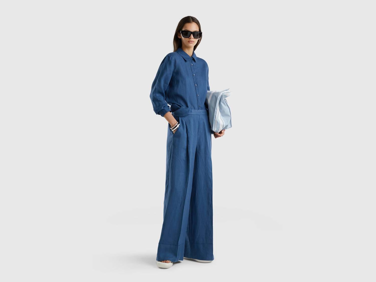 Benetton Kadın Gece Mavisi %100 Keten Beli Lastikli Geniş Kesim Pantolon
