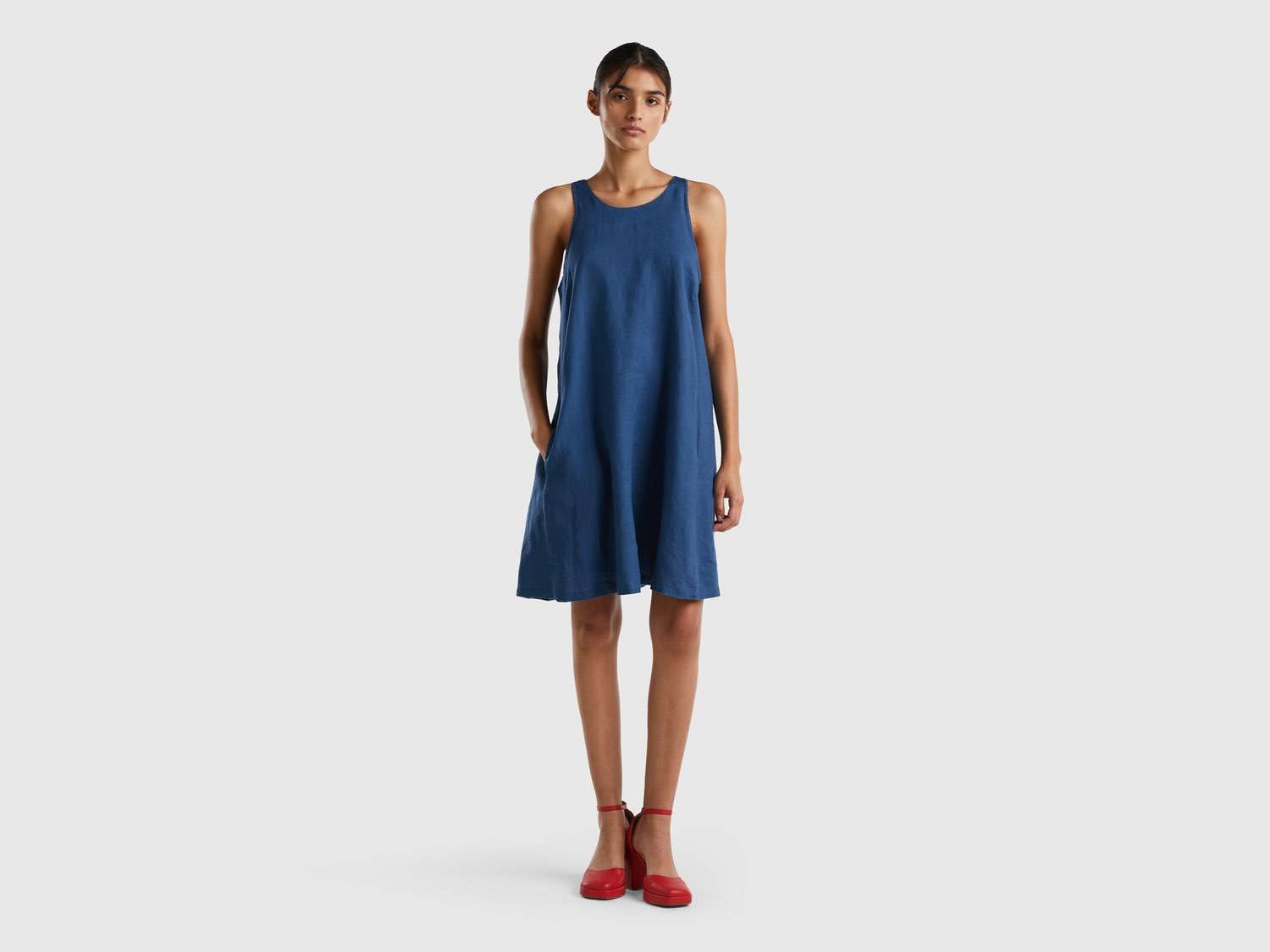 Benetton Kadın Gece Mavisi %100 Keten Kolsuz Elbise