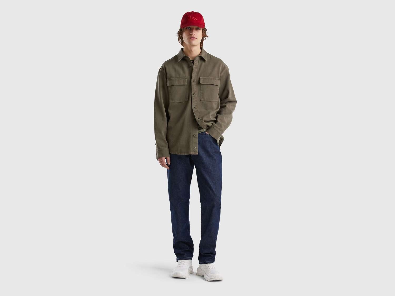 Benetton Erkek Haki %100 Koton Cepli Oversize Gömlek
