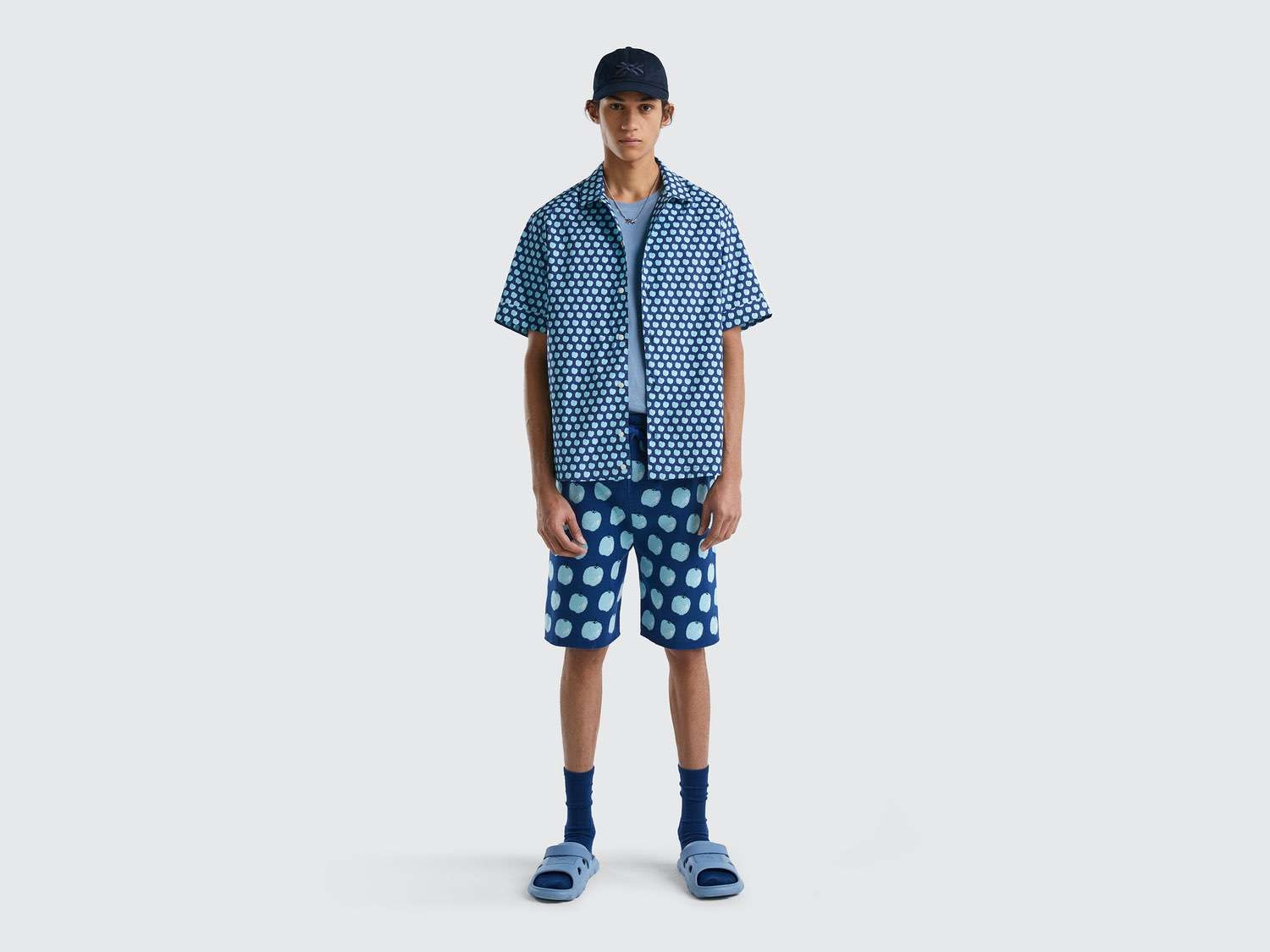 Benetton Erkek Mavi Desenli Kısa Kollu Denim Gömlek