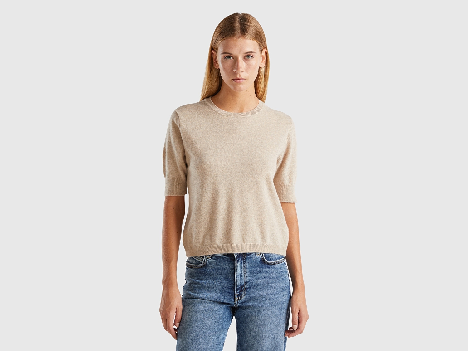 Benetton Kadın Ekru %100 Merino Bisiklet Yaka  Kısa Kollu Kazak