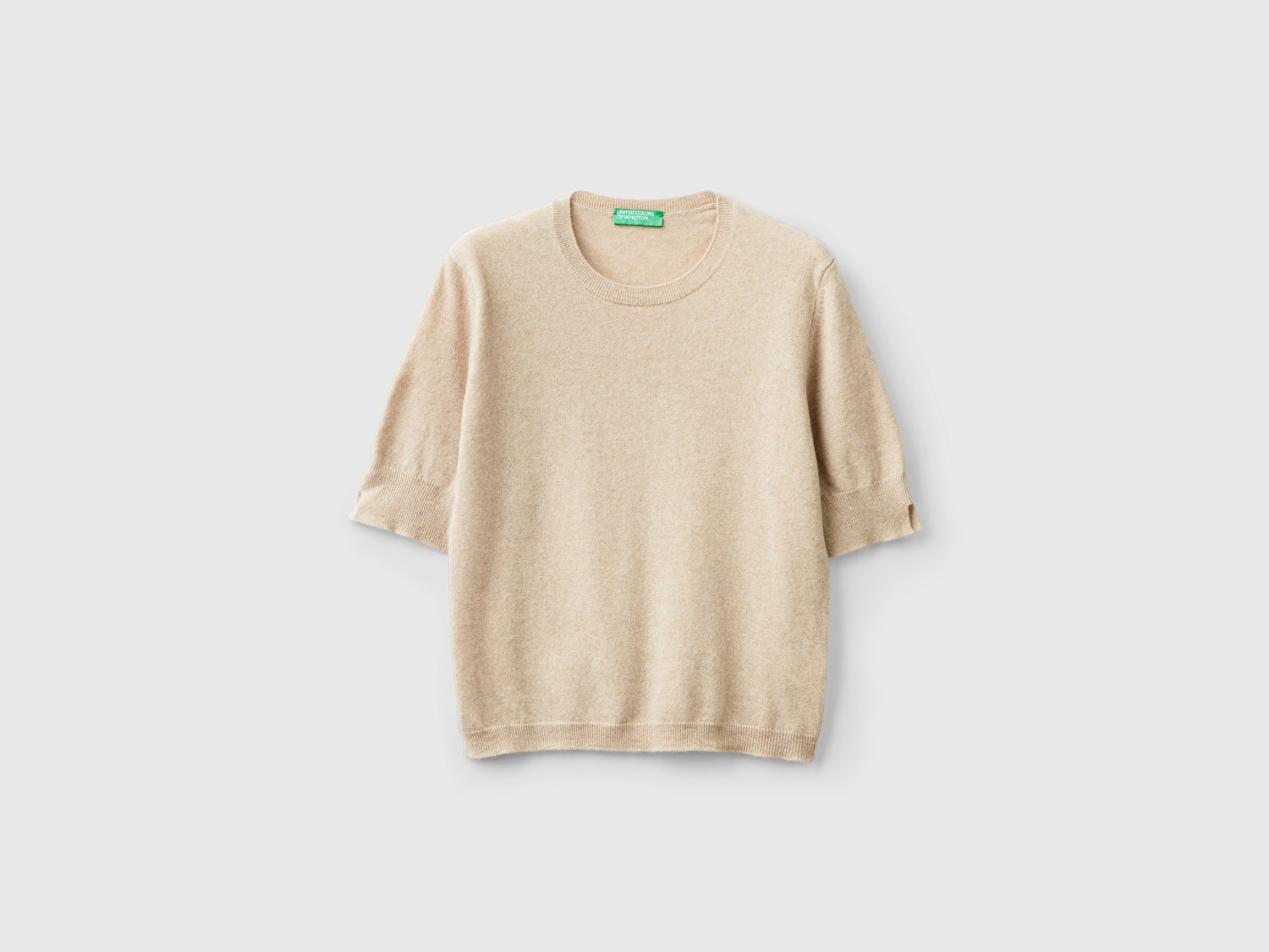 Benetton Kadın Ekru %100 Merino Bisiklet Yaka  Kısa Kollu Kazak