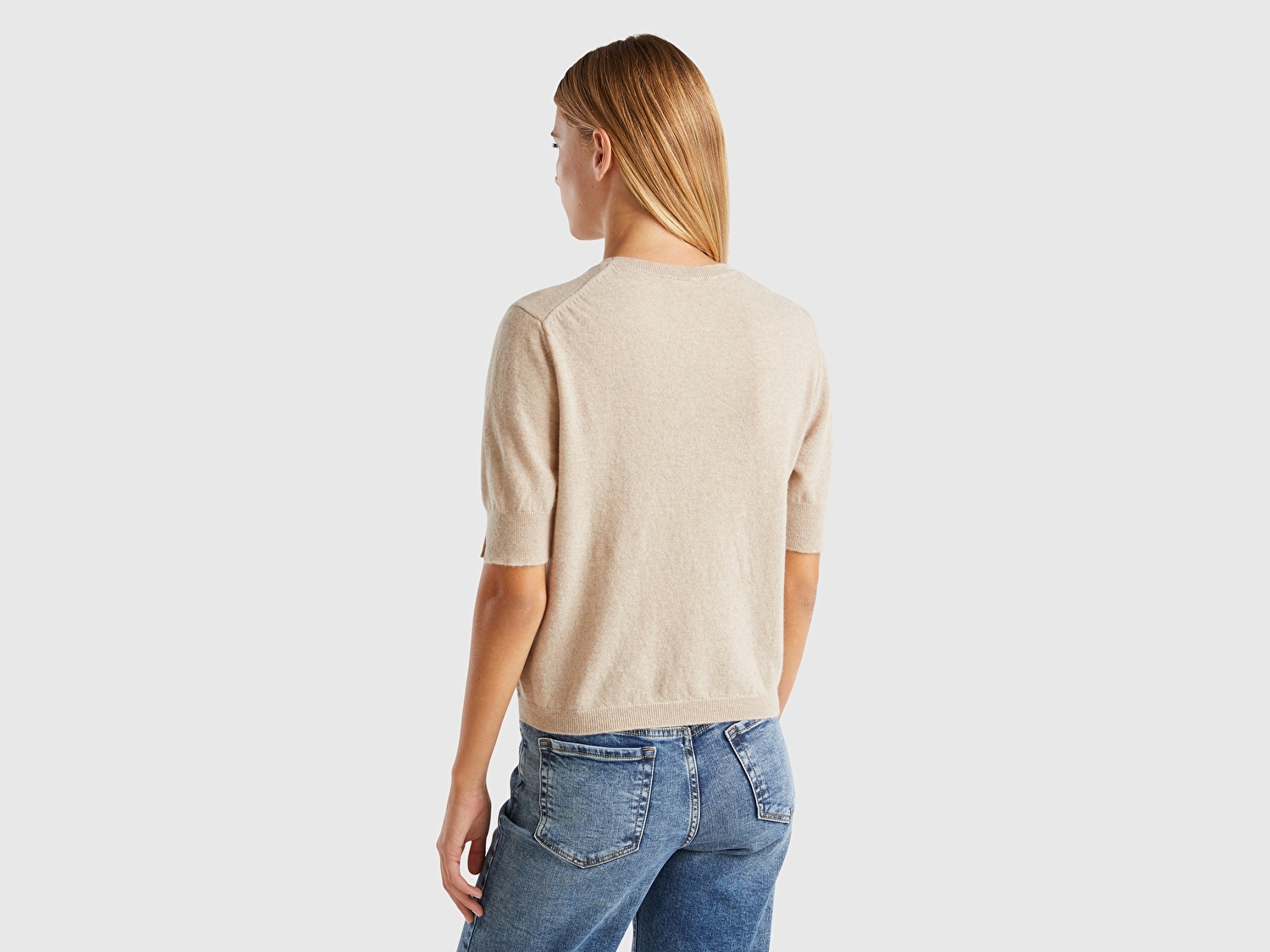 Benetton Kadın Ekru %100 Merino Bisiklet Yaka  Kısa Kollu Kazak