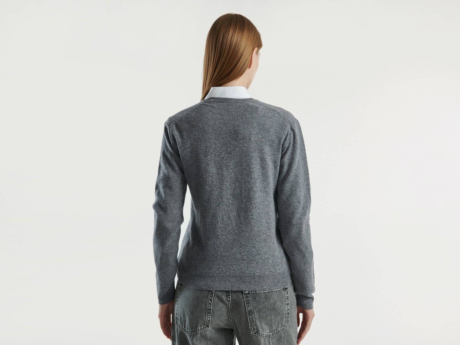 Benetton Kadın Antrasit Melanj %100 Merino V Yaka  Kazak