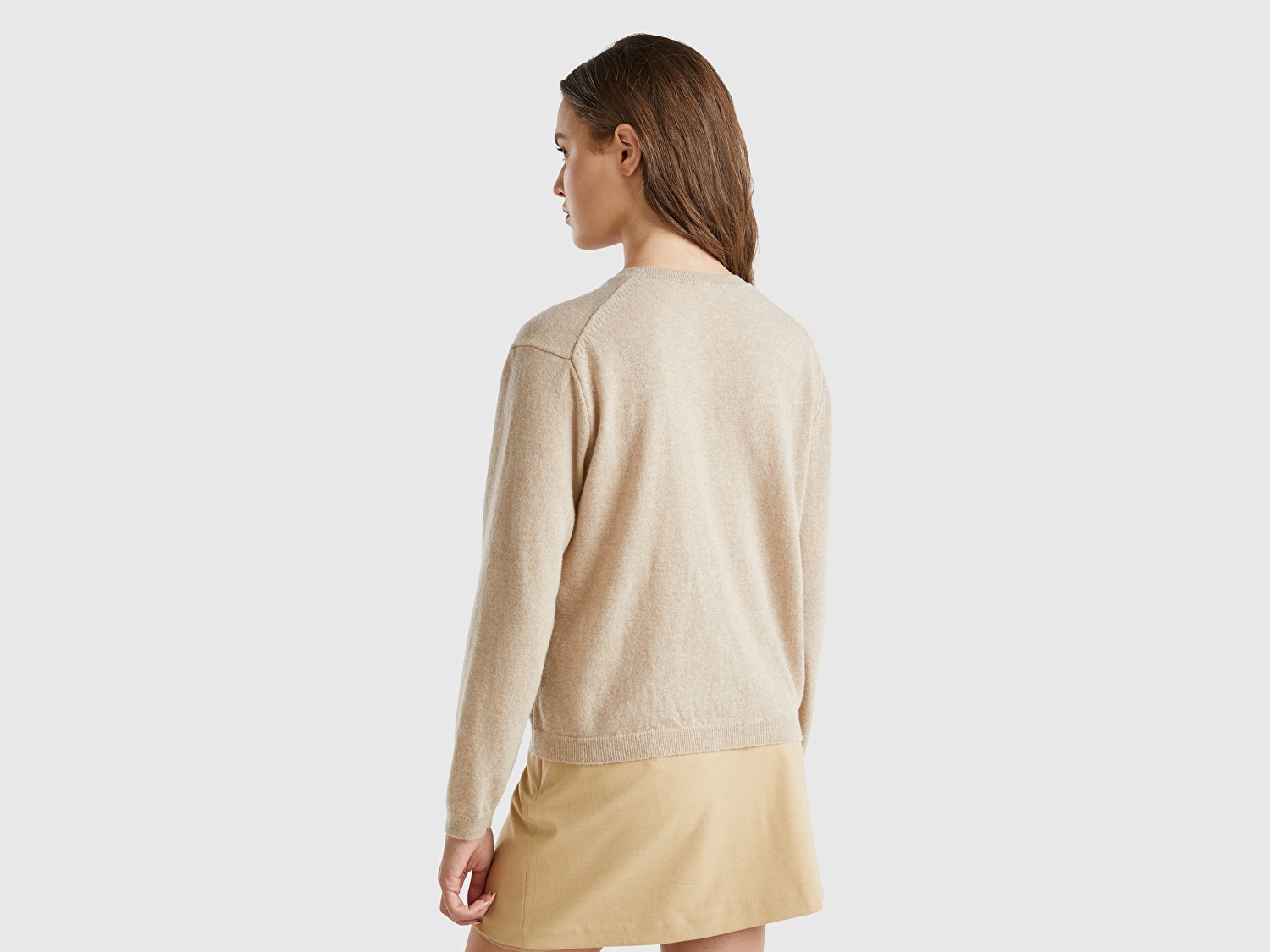 Benetton Kadın Ekru %100 Merino Bisiklet Yaka İnci Düğmeli  Hırka