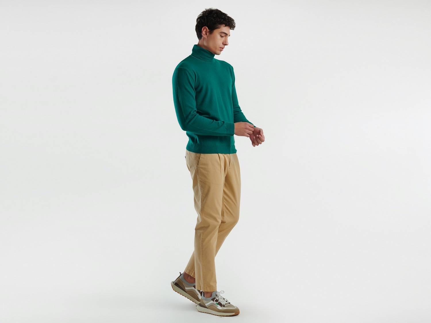 Benetton Erkek Yeşil %100 Merino Boğazlı  Kazak