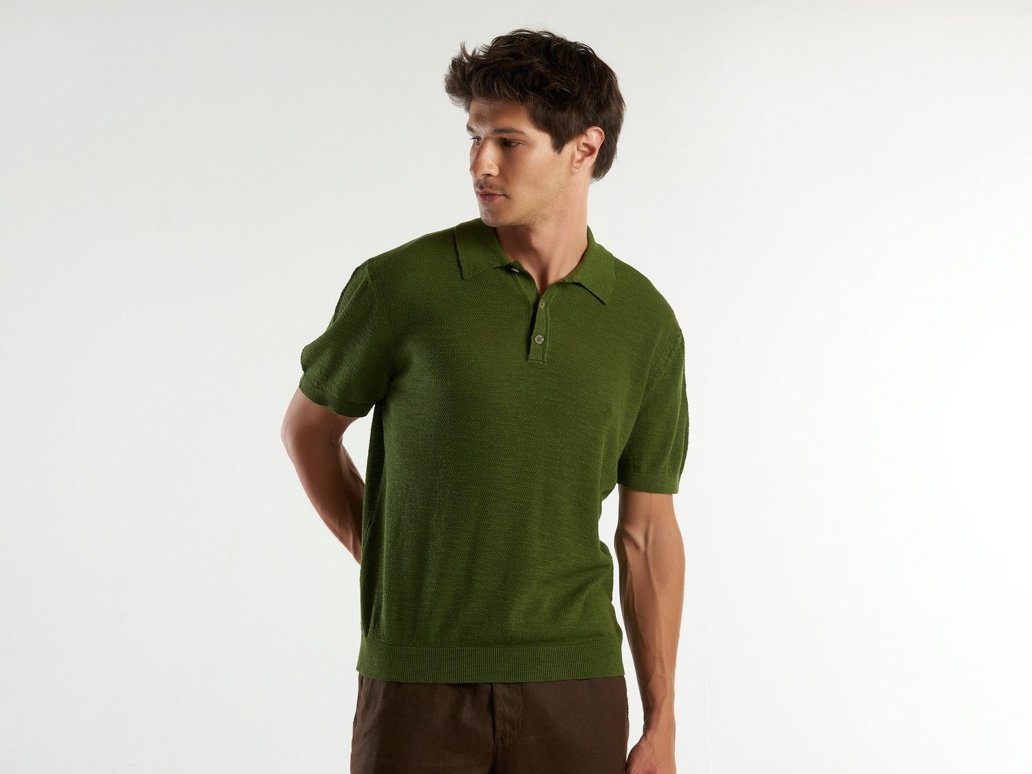 Benetton Erkek Koyu Yeşil Keten Karışımlı Polo Yaka T-Shirt