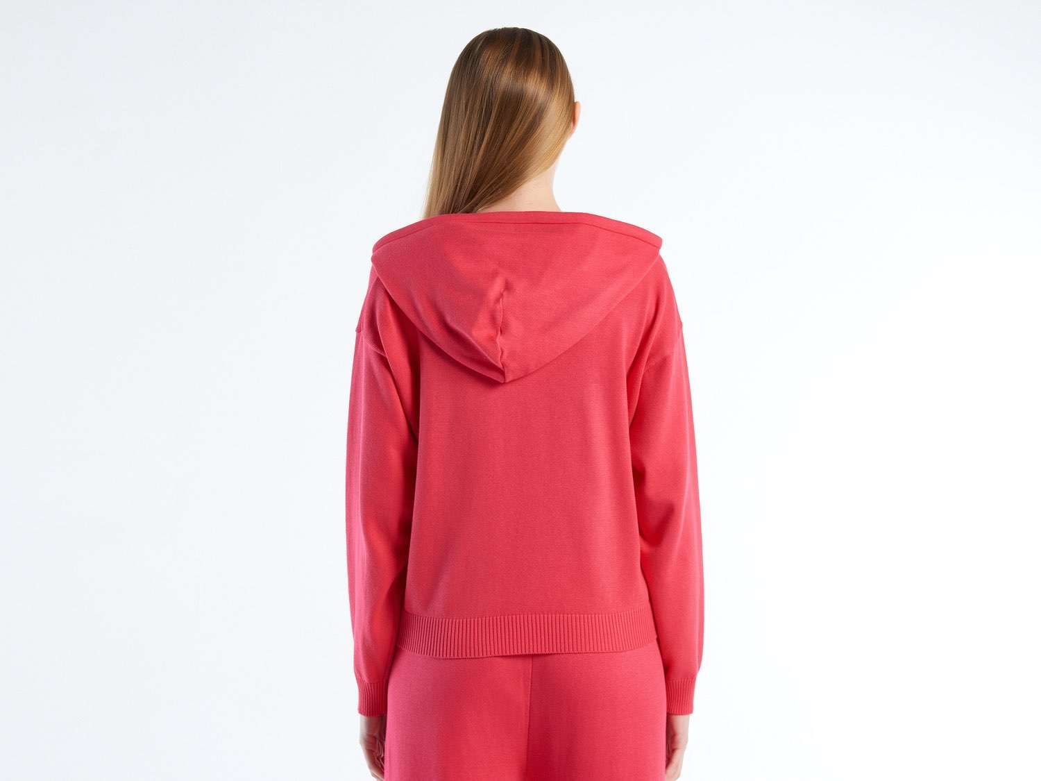 Benetton Kadın Koyu Pembe %100 Pamuk Kapüşonlu Büzgülü Crop Basic Triko Sweatshirt