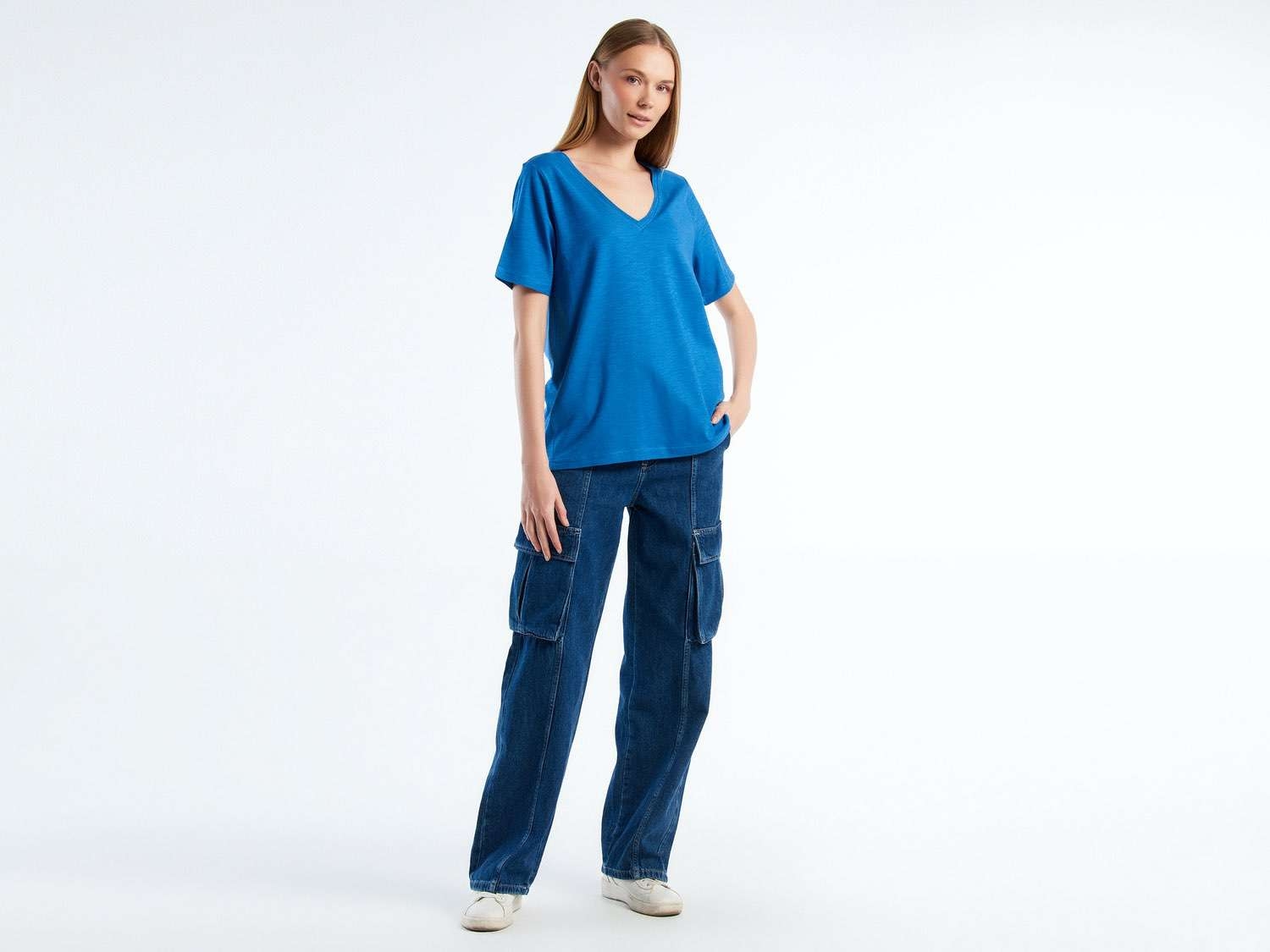 Benetton Kadın Koyu Mavi %100 Koton V Yaka Slub T-Shirt