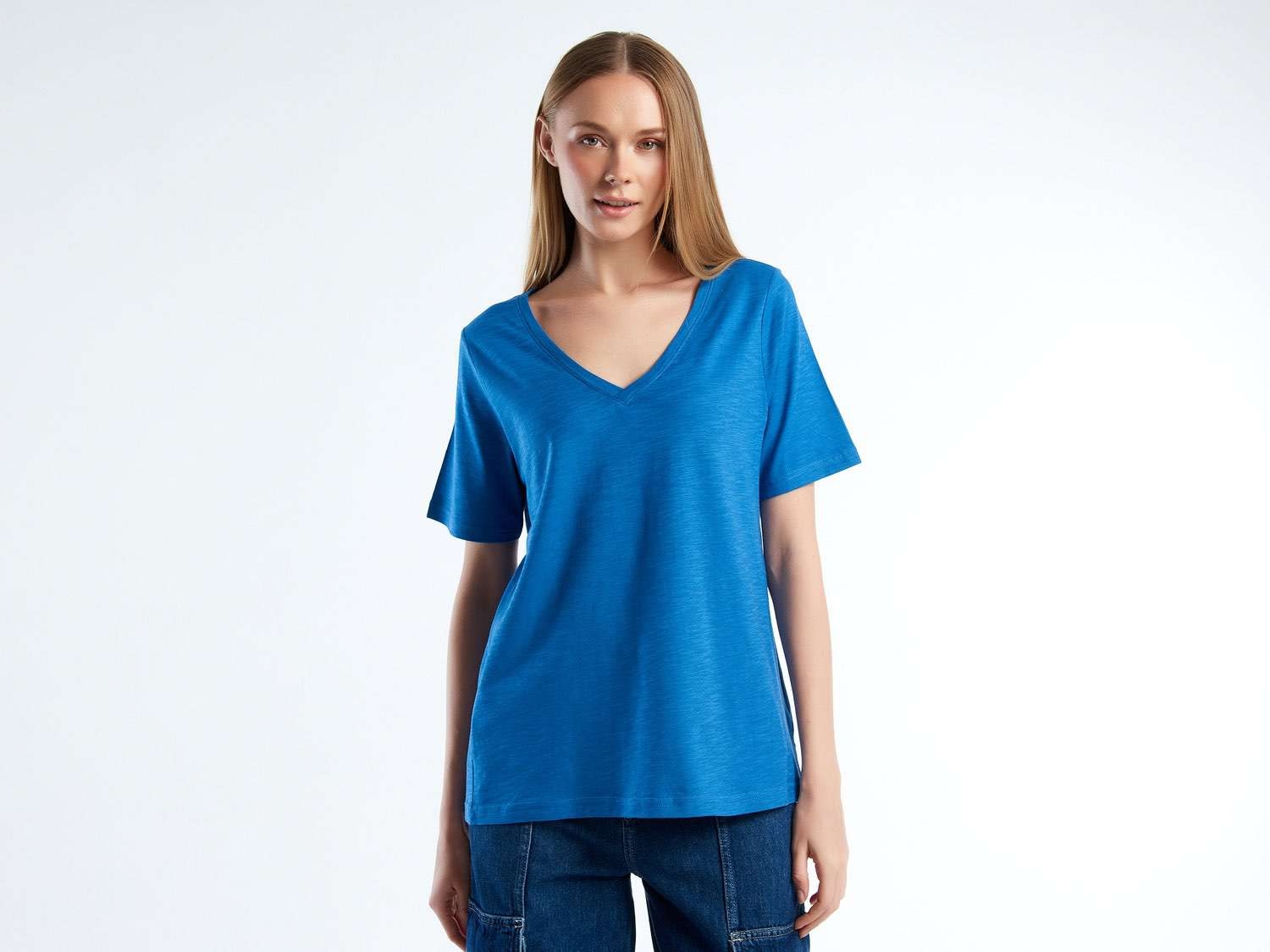 Benetton Kadın Koyu Mavi %100 Koton V Yaka Slub T-Shirt