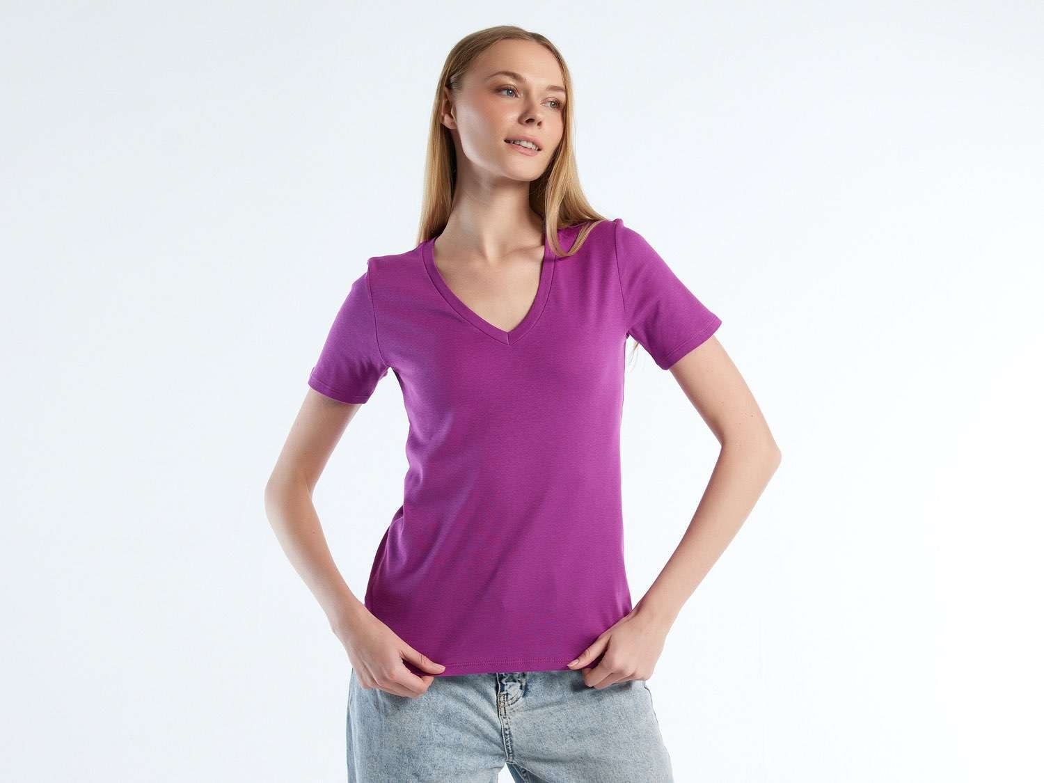 Benetton Kadın Mor %100 Pamuk V Yaka Basic T-Shirt