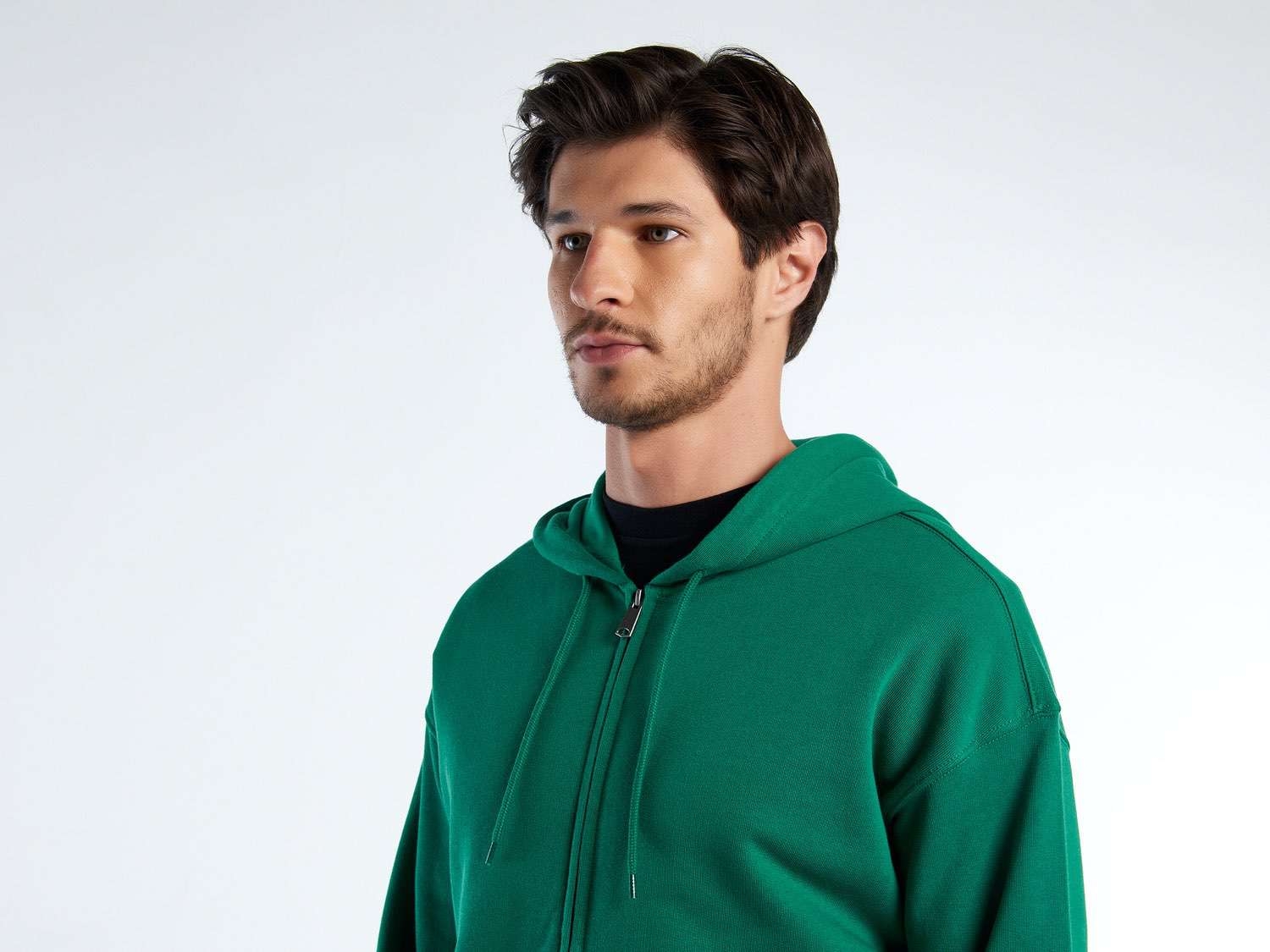 Benetton Erkek Koyu Yeşil Kapüşonlu Fermuarlı Sweatshirt