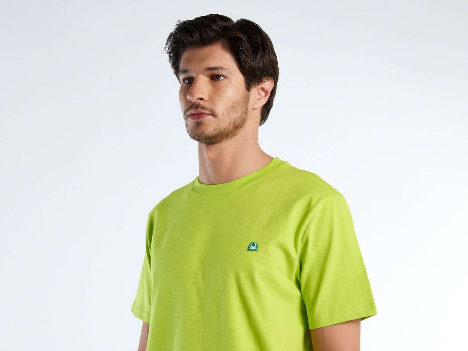 Benetton Erkek Fosforlu Yeşil %100 Koton Benetton Logolu Bisiklet Yaka T-Shirt