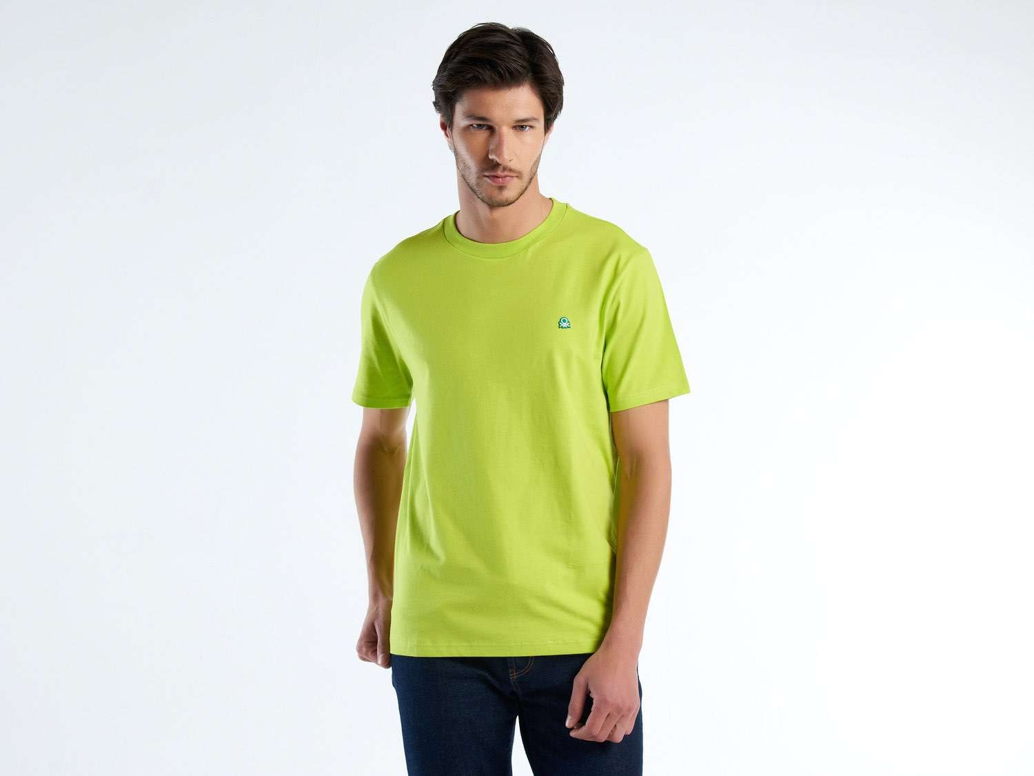 Benetton Erkek Fosforlu Yeşil %100 Koton Benetton Logolu Bisiklet Yaka T-Shirt