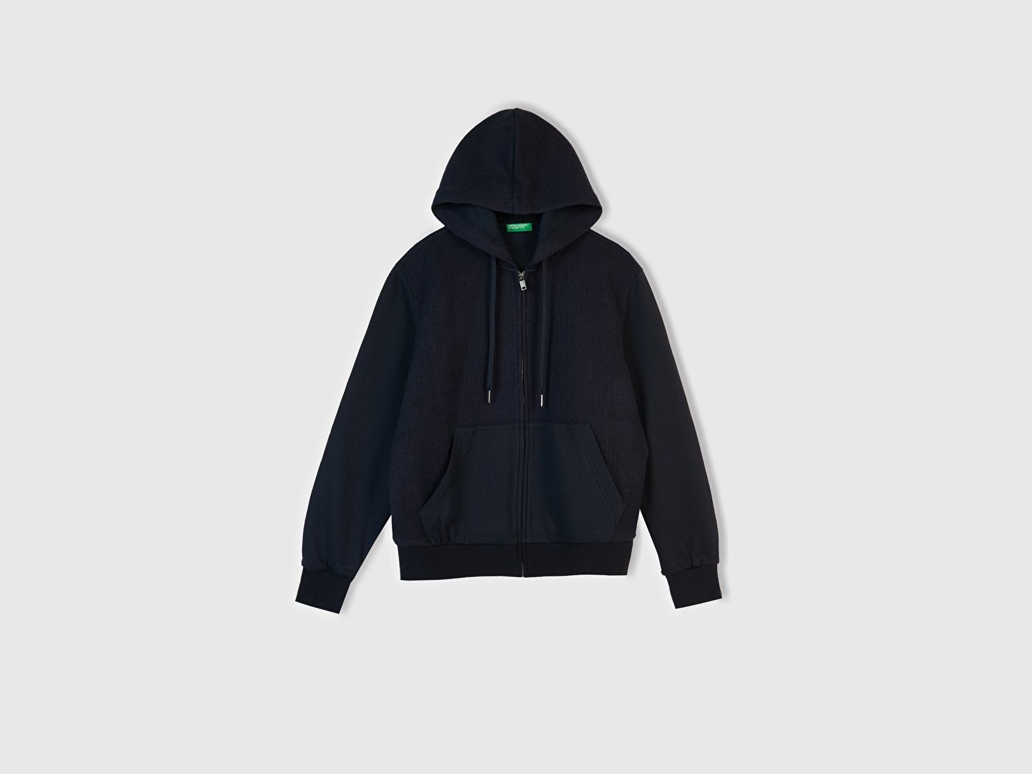 Benetton Erkek Lacivert Pamuk ve Yün Karışımlı Cepli Fermuarlı Kapüşonlu Sweatshirt